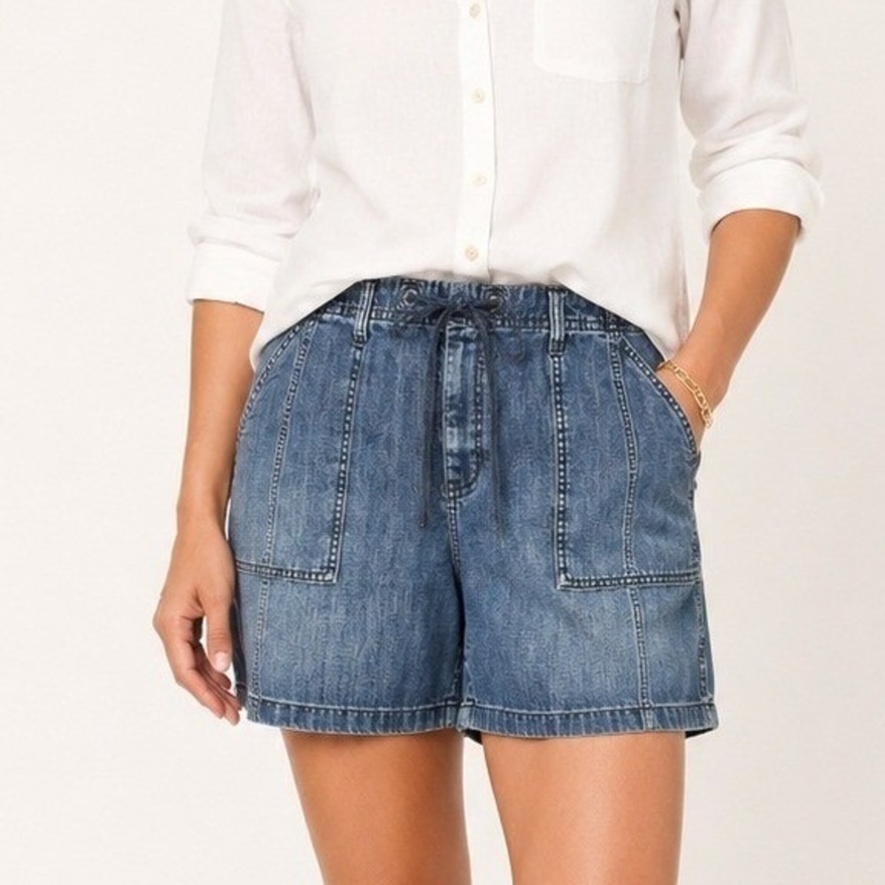 Talbots Women Denim Shorts Size 14 Blue Drawstring Cotton Casual Utility Pockets